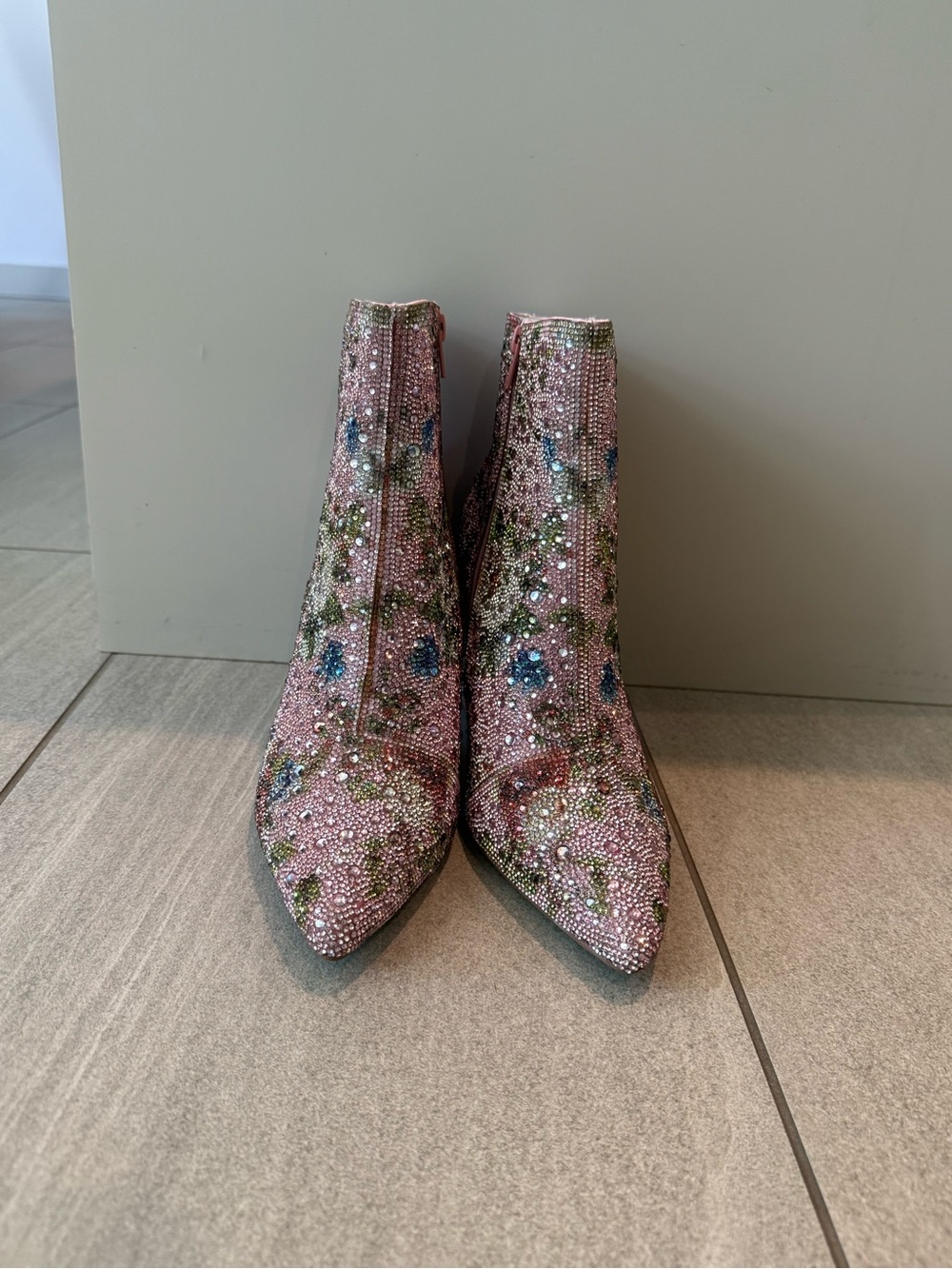 Betsey Johnson Pink Floral Crystal Embellished Ankle Boots - Picture 2 of 5